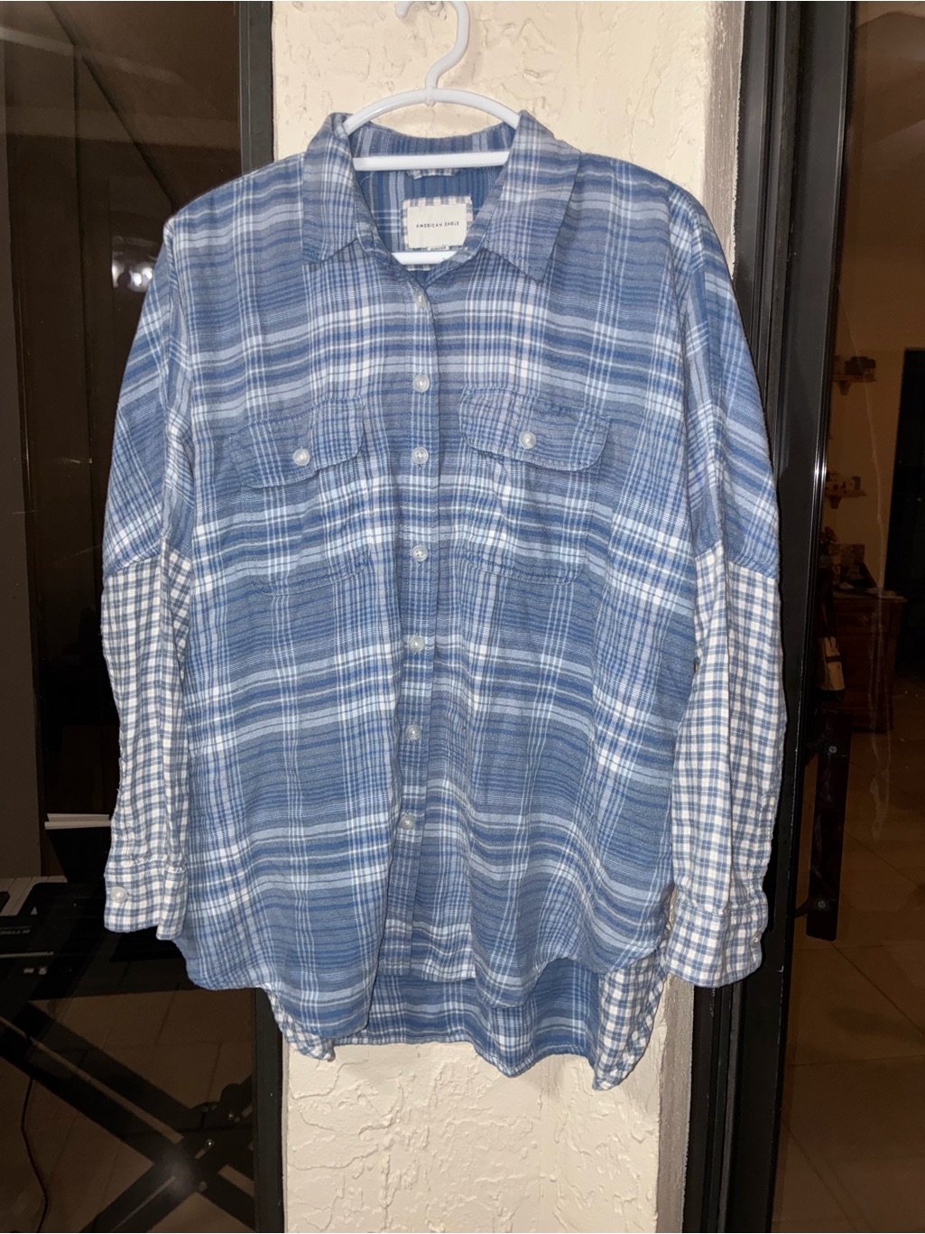 American Eagle Blue Plaid Shirt With Subtle Peach Accents